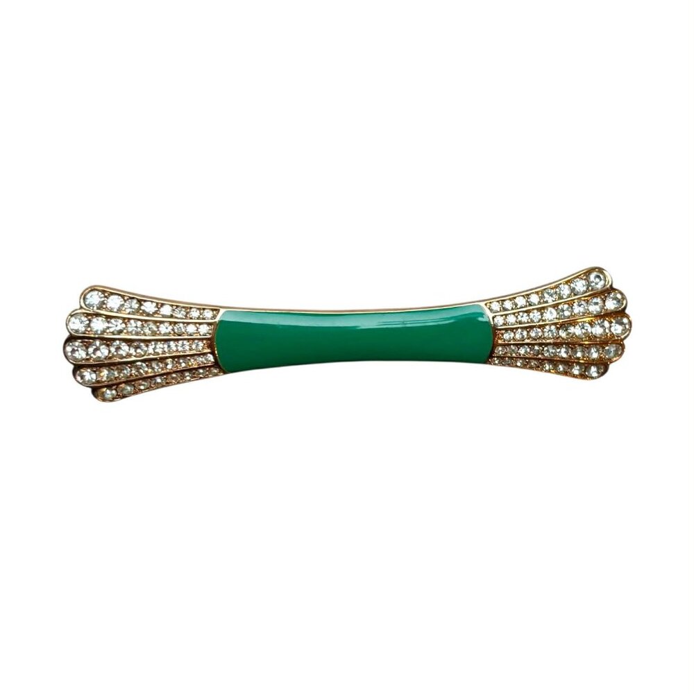 Art Deco Enamel Bar Brooch Pin Crystal Rhinestones Gold Tone 80s Stunning Teal